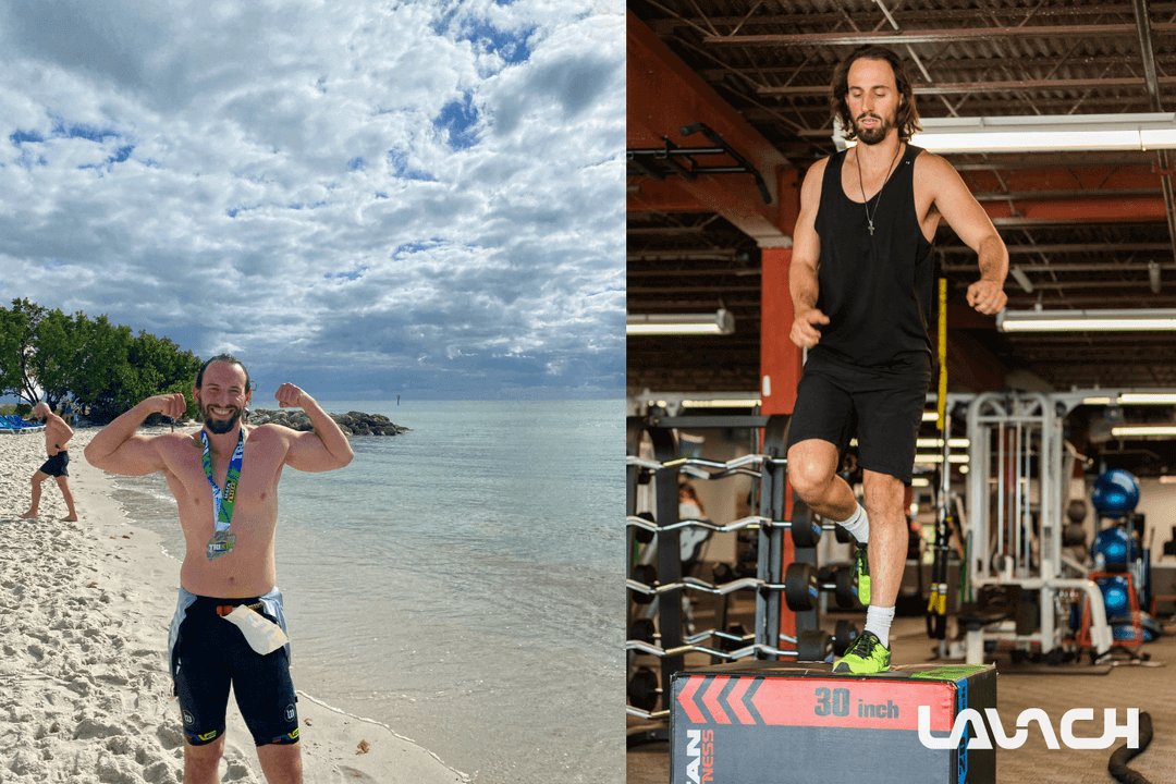 Dual image of many doing a celebratory pose of completing triathalon and the same mane undergoing knee rehab to prepare for the triathalon