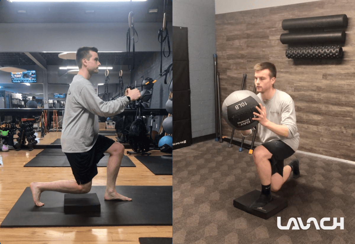 Dual images of man undergoing physical rehabilitation after ACL repair surgery