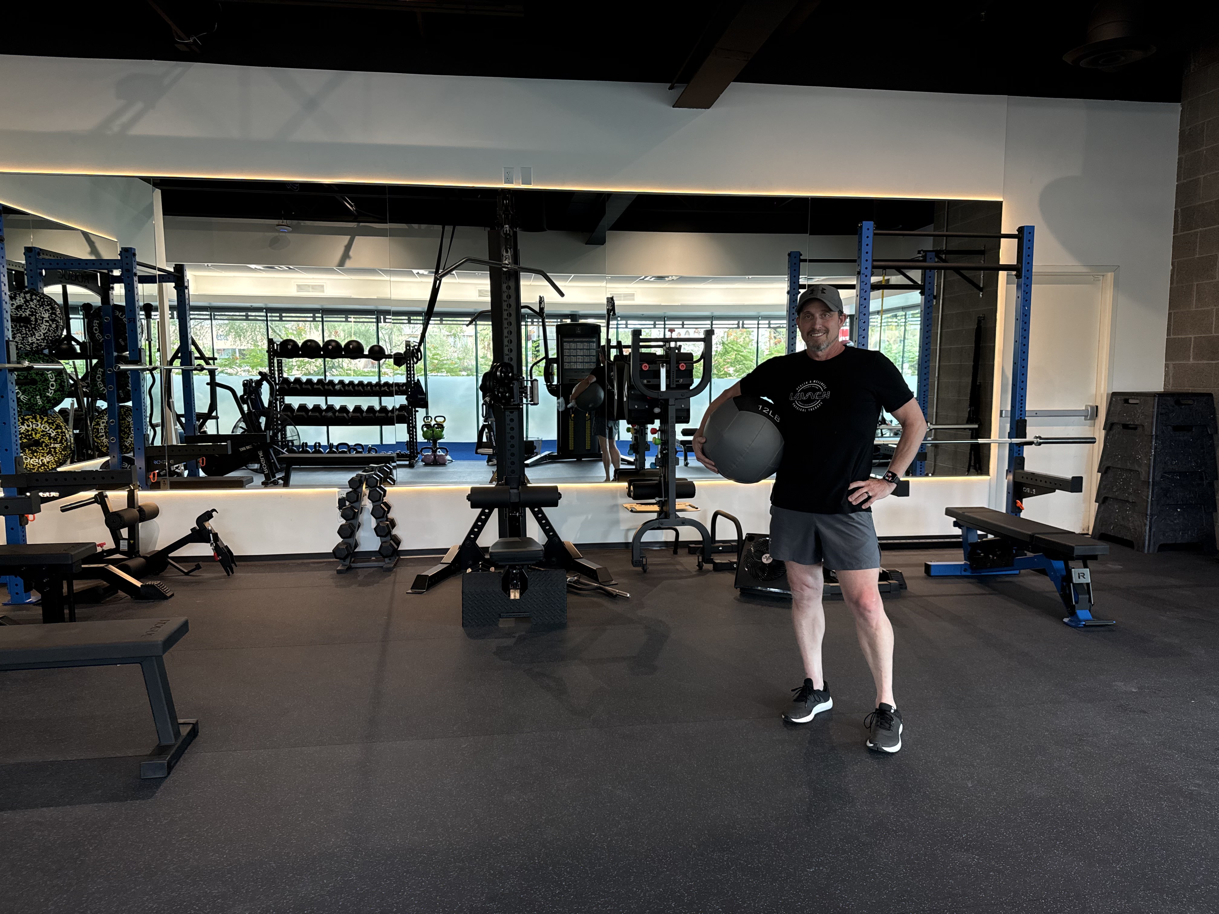 Dual images of a man undergoing physical rehabilitation after knee replacement surgery